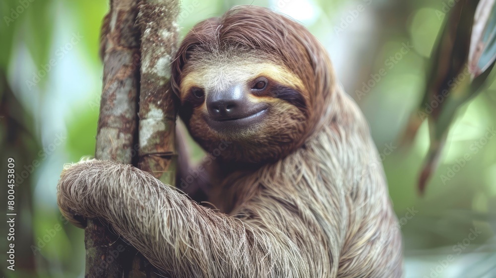 Fototapeta premium A three-toed sloth hangs from a tree in a forest, exposing its open mouth and extended tongue