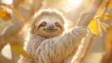   A sloth up close on a tree branch, sun filters through overhanging leaves, backdrop softly blurred