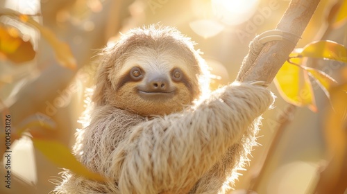   A sloth up close on a tree branch, sun filters through overhanging leaves, backdrop softly blurred photo