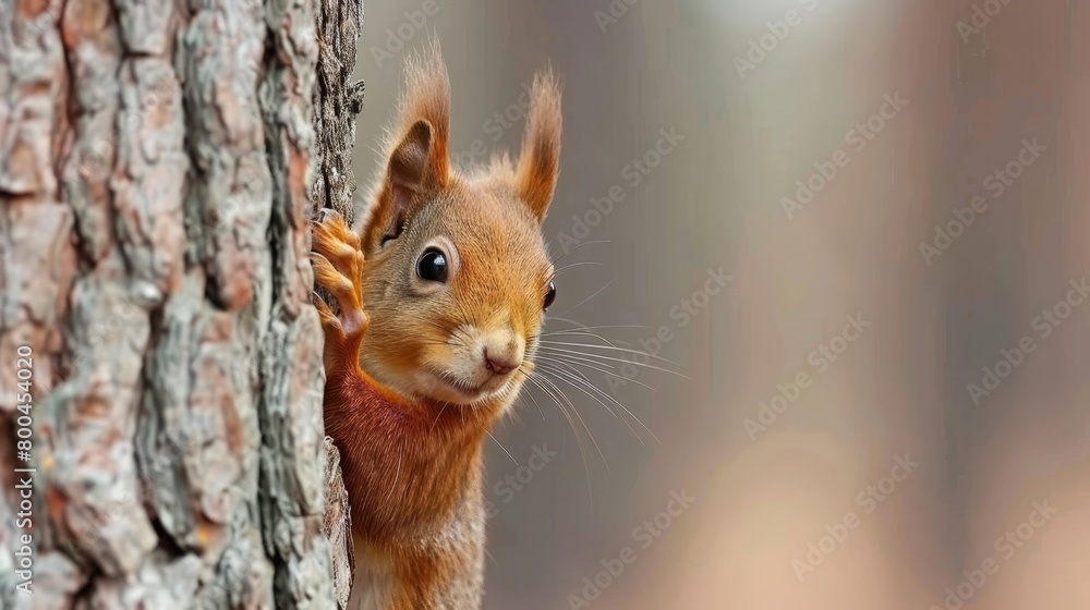   A tight shot of a squirrel by a tree, its face emerging from the trunk