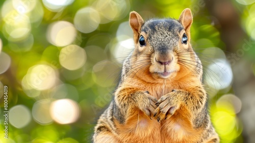  A squirrel on hind legs, front paws on chest, gazing at the camera