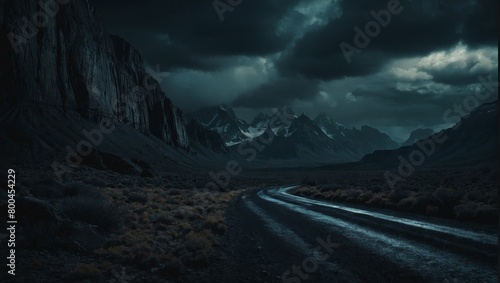 A dark road stretches into the distance with a majestic mountain towering in the background under a cloudy sky © Constantine Art