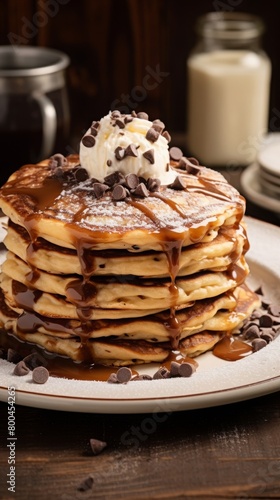 stack of pancakes with syrup and white cream