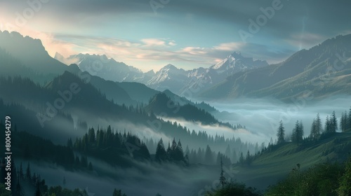 A serene mountain landscape at sunrise, with mist rolling over the peaks. © SH Design