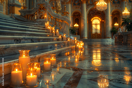 A row of elegant candles adorning a grand staircase, their flames reflected in the polished marble floor.
