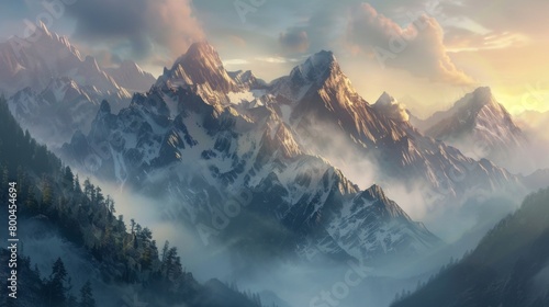 A serene mountain landscape at sunrise  with mist rolling over the peaks.