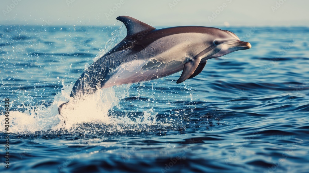 Fototapeta premium A dolphin leaps from the water, its mouth agape and head clear of the surface