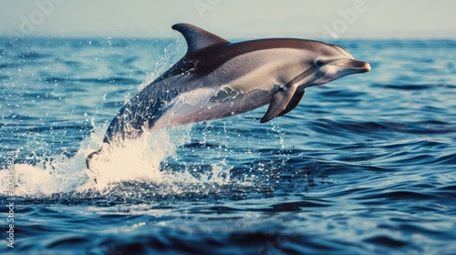  A dolphin leaps from the water, its mouth agape and head clear of the surface