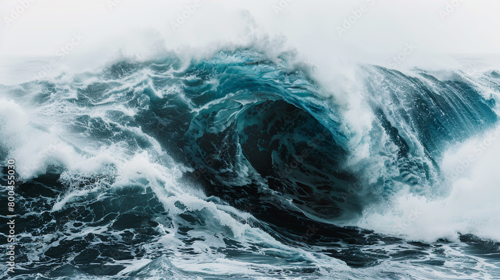 A massive and turbulent wave, showcasing raw power against a pristine white surface.