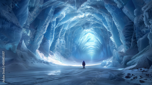 A huge ice cave stretching as far as the eye can see. It has a brilliant blue glow that is pleasing to the eye
