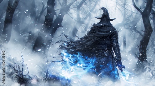   A wizard, positioned in a forest, dons a hat while emitting a blue flame from his garment photo