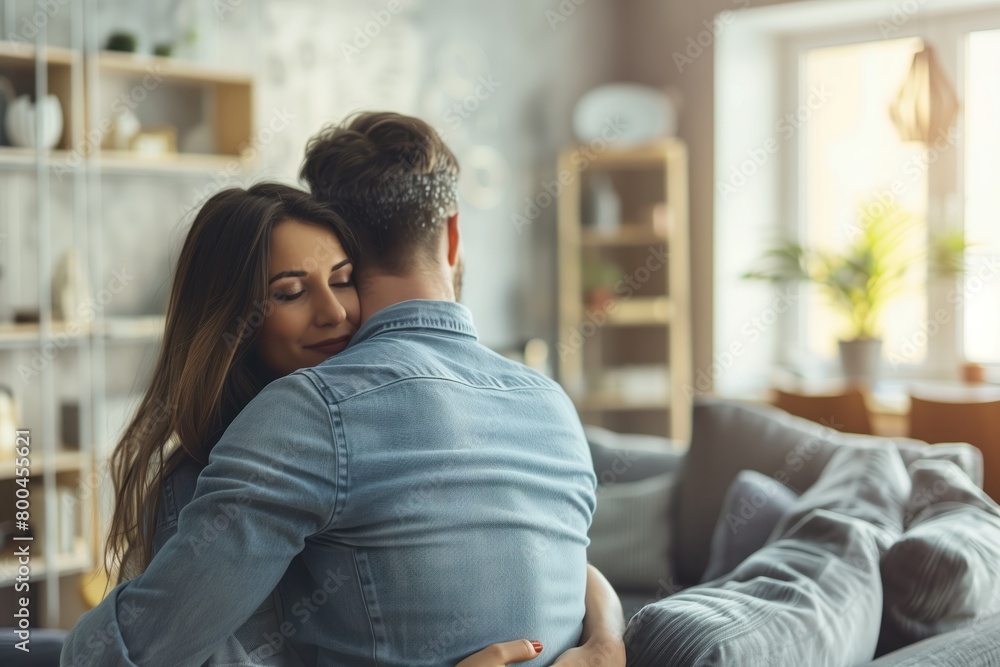Close-up of couple embracing in cozy home setting Close-up of couple embracing in cozy home setting