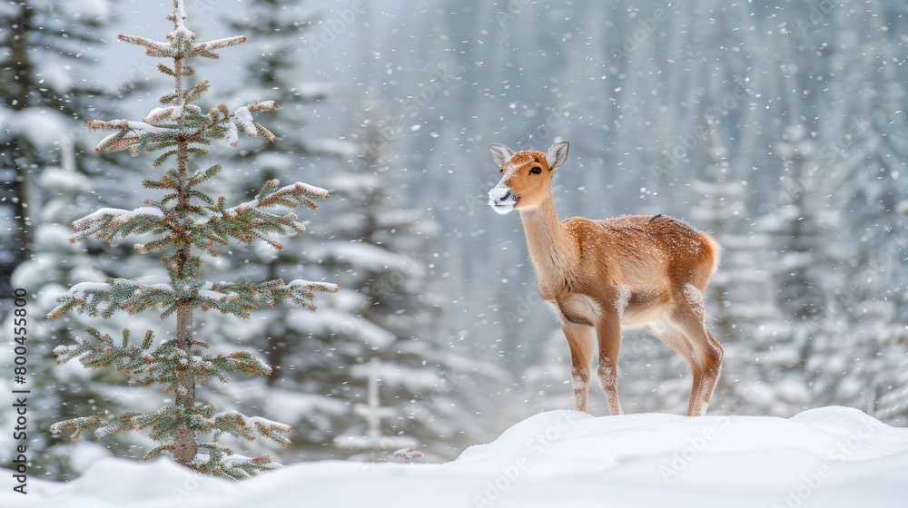 A deer atop a snow-covered ground stands near a forest of tree-laden, snow-dusted terrain A deer atop a snow-covered ground stands near a forest of tree-laden, snow-dusted terrain