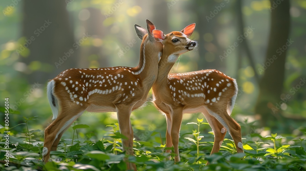 Two deer stand side by side in a verdant forest teeming with numerous tree branches laden with leaves Two deer stand side by side in a verdant forest teeming with numerous tree branches laden with leaves