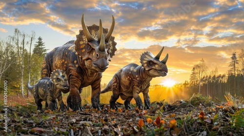 AI-generated majestic dinosaurs in a prehistoric landscape. Triceratops. The concept of time when dinosaurs ruled the Earth.