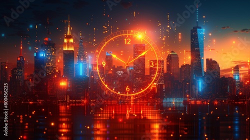 Neon colored clock face with a sky scraper cityscape.