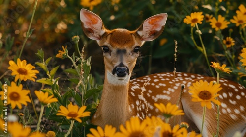  A startled deer gazes at the camera, nestled among a field of vibrant flowers