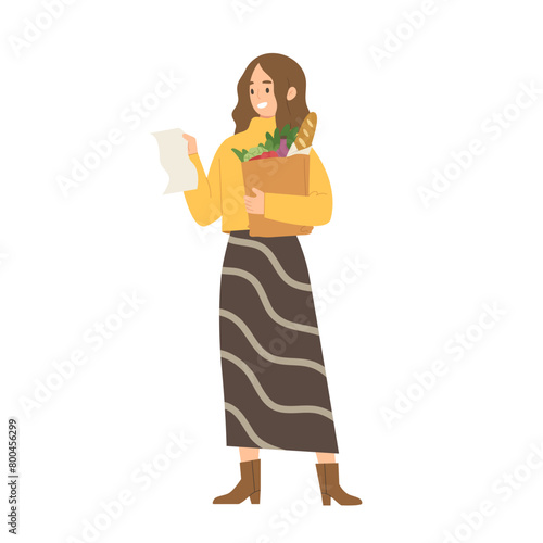 Woman holding grocery paper bag full of stuffs and looking at shopping list isolated on white background. Concept of supermarket, shopping, buying, grocery store, lifestyle. Flat vector character.