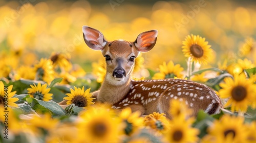   A deer in a sunflower field, gazelle in foreground gazes at camera © Viktor