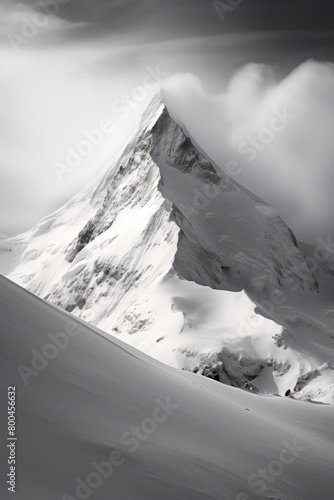 A mountain with a snow covered peak and a cloud in the background