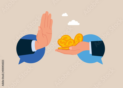 Showing her palm with refusing. Refusing money. Stop corruption. Crime and deceit. Flat vector illustration