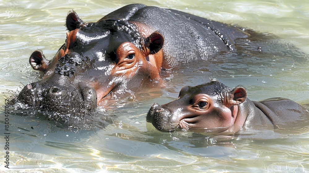 Fototapeta premium Two hippos submerged in water, heads exposed at surface