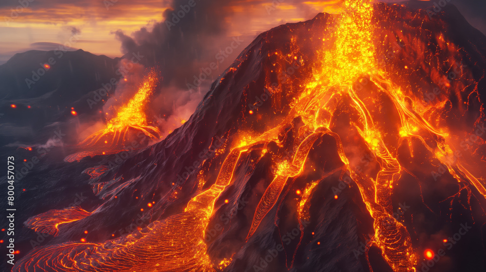 A vivid scene capturing the eruption of a fiery volcano with overflowing lava
