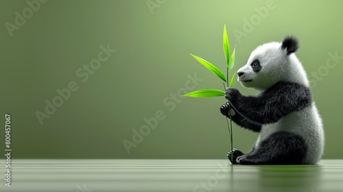   A panda bear sits on the ground  clutching a bamboo plant Behind it  two green walls form a backdrop
