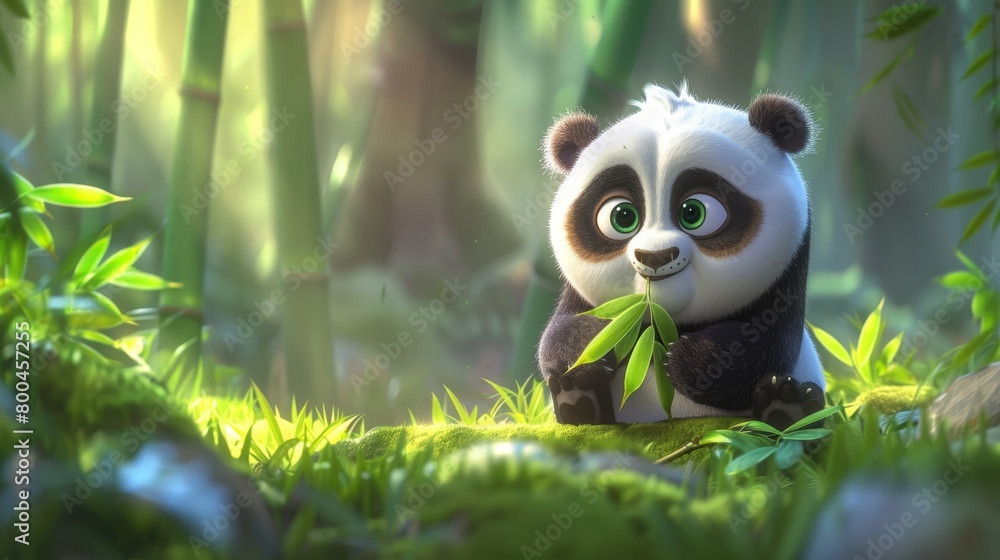 A panda bear, seated in the forest, holds a bamboo stem in its mouth, its eyes gleaming open A panda bear, seated in the forest, holds a bamboo stem in its mouth, its eyes gleaming open