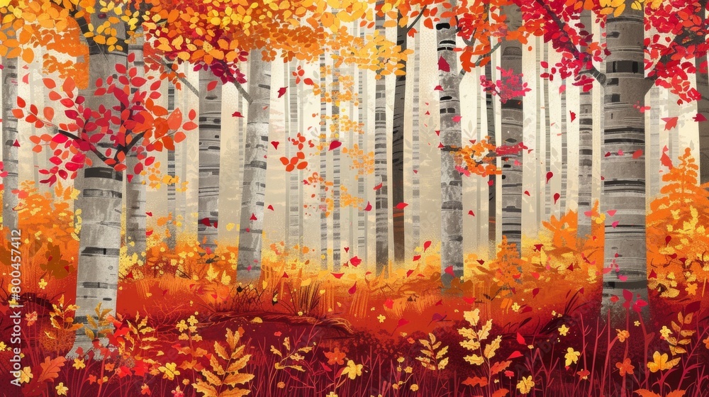 Obraz premium A vibrant autumn forest with leaves of red, orange, and gold.