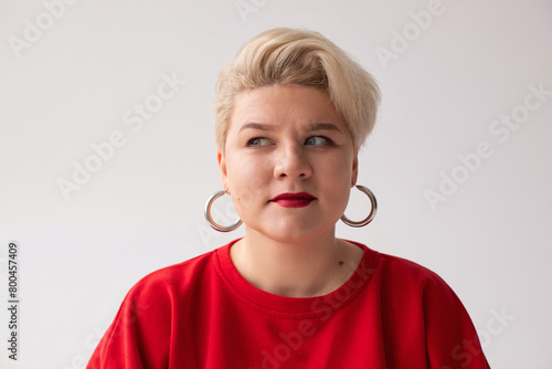 Modern woman with red lips portrait photo