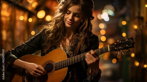 A woman playing an acoustic guitar in an alleyway,