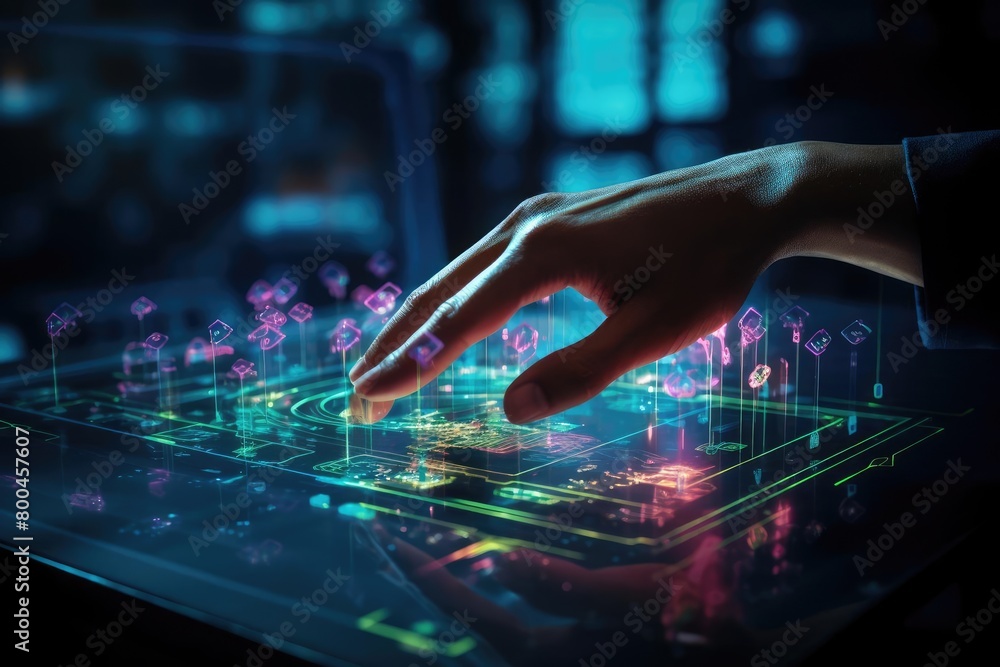 A person using a futuristic user interface. A person using a futuristic user interface.
