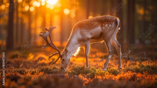   A deer grazes in a forest, sun rays filtering through tree branches above, its head lowered to the ground photo