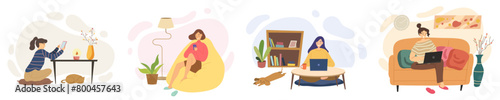 Set of young woman living or working at home. Concept of freelancer character working from home, daily life, living room, working at home, self employed ,resting, relaxing. Flat vector illustration