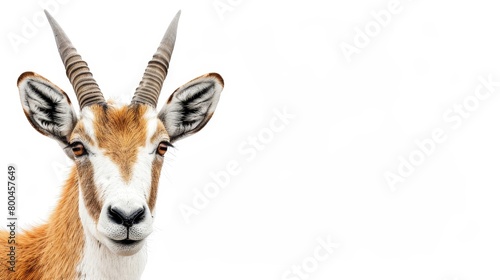  Close-up of goat's head with prolonged horns, set against a pristine white backdrop