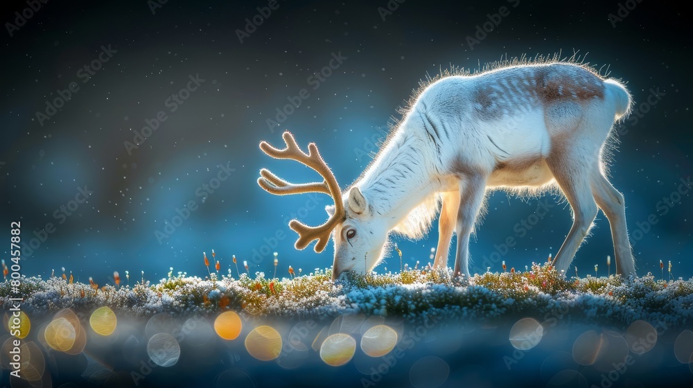   A painting of a deer grazing in a lush green field beneath a blue sky Background features twinkling stars or lights