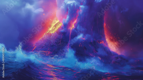 A dramatic scene where powerful ocean waves meet a violent volcanic eruption under a mystical purple sky photo