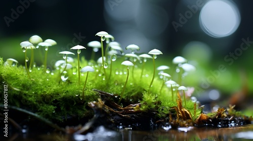 . Mushrooms growing on mossy surface in a forest.