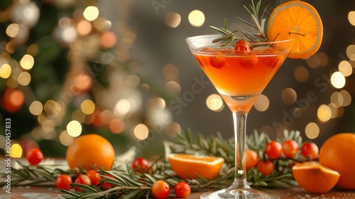  An orange cocktail garnished with a sprig of rosemary and an orange slice