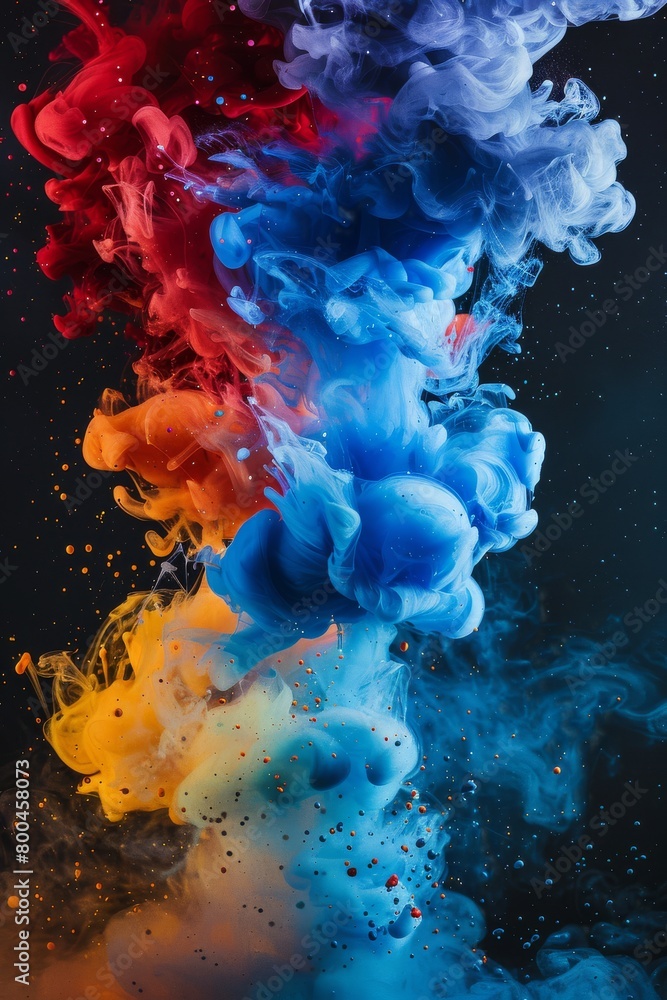 A Colorful ink clouds on a black background, vibrant colors of blue, red and yellow paint in water, paint splash effects conveying fluid motion, artistic photography