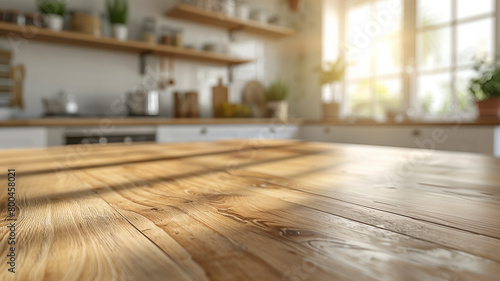 photo of the surface of a rough wooden brown table against the background of a kitchen in a country house