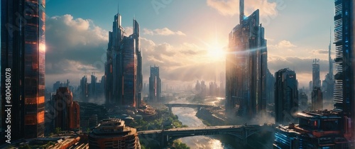 A futuristic city featuring towering skyscrapers and a sleek bridge connecting different parts of the metropolis photo