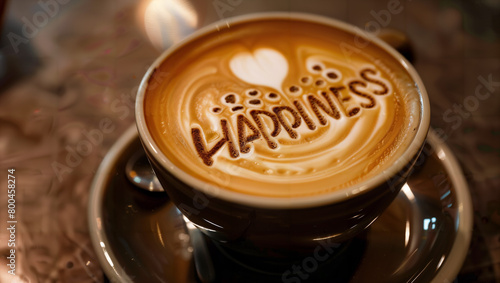 A freshly prepared cappuccino with the word  HAPPINESS  written on it