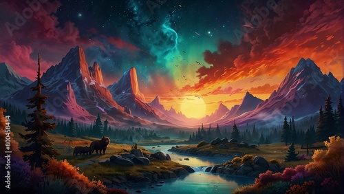 Create scenes that are vibrant, filled with fantastical creatures or improbable natural phenomena.