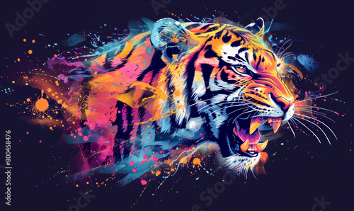 abstract illustration of a roaring tiger in childish style  logo for t-shirt print