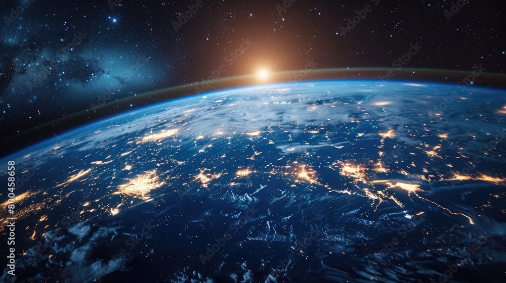 Obraz premium The blue glow of Earth's ozone layer from space, with facts on ozone preservation. International Ozone Protection Day, 16 September