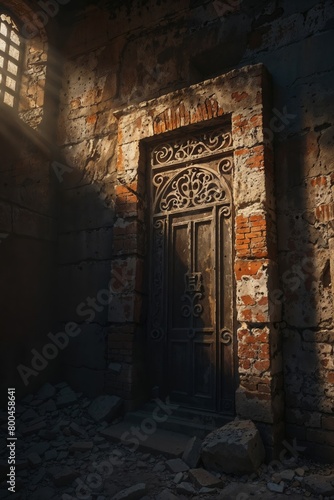 Sunlight streams through a window into a weathered doorway of an aging brick building  casting warm light and shadows on the worn floor