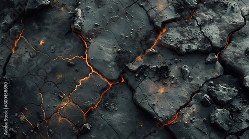 A high contrast image showing the heat and intensity of molten lava through cracks on a black, solidified surface