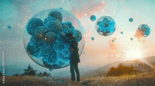 Artistic representation of someone hugging a giant ozone molecule for Earth's care. International Ozone Protection Day, 16 September